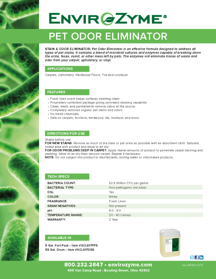 Pet Odor Eliminator Benefit Sheet